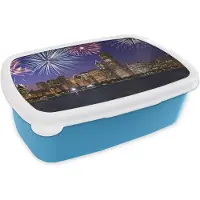 MuchoWow Broodtrommel Blauw - Lunchbox - Brooddoos - Vuurwerk over de horizon van Chicago tijdens oud en nieuw - 18x12x6 cm - Kinderen - Jongen