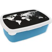 MuchoWow Broodtrommel Blauw - Lunchbox - Brooddoos - Wereldkaart - Zwart - Wit - Leeuw - 18x12x6 cm - Kinderen - Jongen
