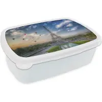 MuchoWow Broodtrommel Wit - Lunchbox - Brooddoos - De Eiffeltoren met op de achtergrond luchtballonnen die in de lucht varen boven Parijs - 18x12x6 cm - Volwassenen