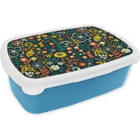 MuchoWow Broodtrommel Blauw - Lunchbox - Brooddoos - Meisjes - Vlinder - Planten - Patronen - Girl - Kids - Kinderen - Meiden - 18x12x6 cm - Kinderen - Jongen