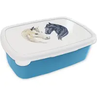MuchoWow Broodtrommel Blauw - Lunchbox - Brooddoos - Paarden - Waterverf - Wit - Meisjes - Kinderen - Meiden - 18x12x6 cm - Kinderen - Jongen