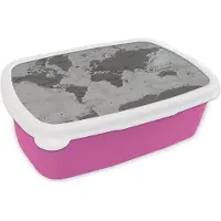 MuchoWow Broodtrommel Roze - Lunchbox - Brooddoos - Stoere wereldkaart - zwart wit - 18x12x6 cm - Kinderen - Meisje