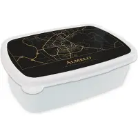 MuchoWow Broodtrommel Wit - Lunchbox - Brooddoos - Kaart - Almelo - Simpel - Goud - Zwart - 18x12x6 cm - Volwassenen