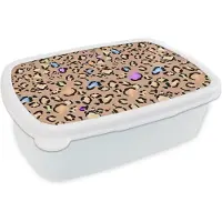 MuchoWow Broodtrommel Wit - Lunchbox Panterprint - Regenboog - Patroon - Brooddoos 18x12x6 cm - Brood lunch box - Broodtrommels voor kinderen en volwassenen