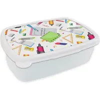 MuchoWow Broodtrommel Wit - Lunchbox - Brooddoos - Patroon - School - Potlood - 18x12x6 cm - Volwassenen