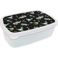 MuchoWow Broodtrommel Wit - Lunchbox - Brooddoos - Kinderkamer - Dinosaurus - Zwart - Jongens - Meisjes - Kindje - 18x12x6 cm - Volwassenen