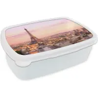 MuchoWow Broodtrommel Wit - Lunchbox - Brooddoos - Uitzicht over Parijs met de Eiffeltoren die erboven uit steekt - 18x12x6 cm - Volwassenen