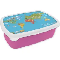 MuchoWow Broodtrommel Roze - Lunchbox - Brooddoos - Wereldkaart Kinderen - Modern - Symbolen - 18x12x6 cm - Kinderen - Meisje