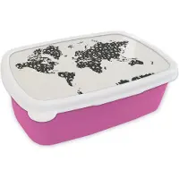 MuchoWow Broodtrommel Roze - Lunchbox - Brooddoos - Wereldkaart - Cijfers - Wit - 18x12x6 cm - Kinderen - Meisje
