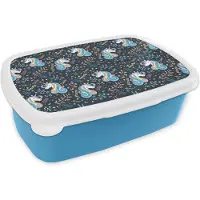 MuchoWow Broodtrommel Blauw - Lunchbox - Brooddoos - Unicorn - Quote - Regenboog - Patronen - 18x12x6 cm - Kinderen - Jongen