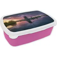 MuchoWow Broodtrommel Roze - Lunchbox - Brooddoos - Kinderdijk in de nacht - 18x12x6 cm - Kinderen - Meisje