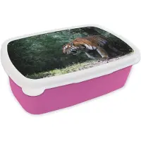 MuchoWow Broodtrommel Roze - Lunchbox - Brooddoos - Tijger - Bos - Bomen - 18x12x6 cm - Kinderen - Meisje