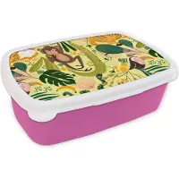 MuchoWow Broodtrommel Roze - Lunchbox - Brooddoos - Dieren - Jungle - Geel - 18x12x6 cm - Kinderen - Meisje
