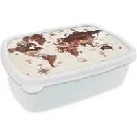 MuchoWow Broodtrommel Wit - Lunchbox - Brooddoos - Wereldkaart - Bruin - Rood - 18x12x6 cm - Volwassenen