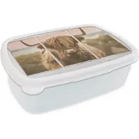 MuchoWow Broodtrommel Wit - Lunchbox - Brooddoos - Schotse hooglander - Doorkijk - Zee - 18x12x6 cm - Volwassenen