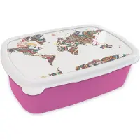 MuchoWow Broodtrommel Roze - Lunchbox - Brooddoos - Wereldkaart - Versiering - Kleuren - 18x12x6 cm - Kinderen - Meisje