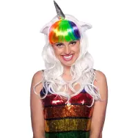 Folat Pruik eenhoorn curly (wit en multicolor)