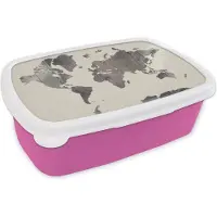 MuchoWow Broodtrommel Roze - Lunchbox - Brooddoos - Wereldkaart - Hout - Grijs - 18x12x6 cm - Kinderen - Meisje