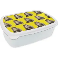 MuchoWow Broodtrommel Wit - Lunchbox - Brooddoos - Kat - Patroon - Geel - 18x12x6 cm - Volwassenen