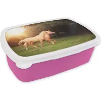 MuchoWow Broodtrommel Roze - Lunchbox - Brooddoos - Paarden - Bos - Zon - 18x12x6 cm - Kinderen - Meisje