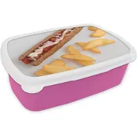 MuchoWow Broodtrommel Roze - Lunchbox - Brooddoos - Zalige frikandel speciaal met patat op een wit bord - 18x12x6 cm - Kinderen - Meisje