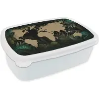 MuchoWow Broodtrommel Wit - Lunchbox - Brooddoos - Wereldkaart - Zwart - Planten - 18x12x6 cm - Volwassenen