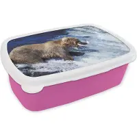 MuchoWow Broodtrommel Roze - Lunchbox - Brooddoos - Beer - Vis - Waterval - 18x12x6 cm - Kinderen - Meisje