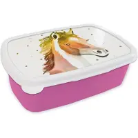 MuchoWow Broodtrommel Roze - Lunchbox - Brooddoos - Paard - Kleuren - Wit - Meisjes - Kinderen - Meiden - 18x12x6 cm - Kinderen - Meisje