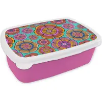 MuchoWow Broodtrommel Roze - Lunchbox Design - Flower Power - Kleuren - Brooddoos 18x12x6 cm - Brood lunch box - Broodtrommels voor kinderen en volwassenen