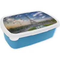 MuchoWow Broodtrommel Blauw - Lunchbox - Brooddoos - De Eiffeltoren met op de achtergrond luchtballonnen die in de lucht varen boven Parijs - 18x12x6 cm - Kinderen - Jongen