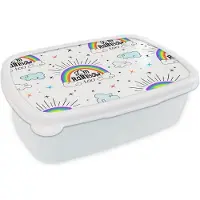 MuchoWow Broodtrommel Wit - Lunchbox - Brooddoos - Regenboog - Wolken - Patroon - 18x12x6 cm - Volwassenen