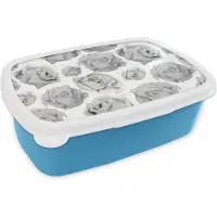 MuchoWow Broodtrommel Blauw - Lunchbox - Brooddoos - Rozen - Bloem - Zwart Wit - Patroon - 18x12x6 cm - Kinderen - Jongen