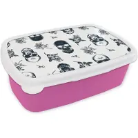 MuchoWow Broodtrommel Roze - Lunchbox - Brooddoos - Tiener - Skull - Rozen - Patroon - 18x12x6 cm - Kinderen - Meisje
