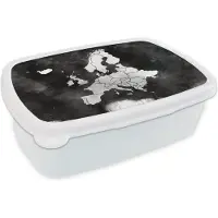 MuchoWow Broodtrommel Wit - Lunchbox - Brooddoos - Europakaart op een donkere achtergrond - zwart wit - 18x12x6 cm - Volwassenen