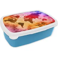 MuchoWow Broodtrommel Blauw - Lunchbox - Brooddoos - Wereldkaart - Kleur - Abstract - 18x12x6 cm - Kinderen - Jongen