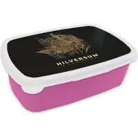 MuchoWow Broodtrommel Roze - Lunchbox - Brooddoos - Hilversum - Goud - Kaart - Plattegrond - Stadskaart - 18x12x6 cm - Kinderen - Meisje
