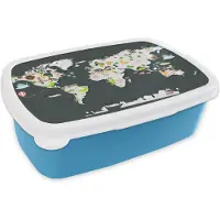 MuchoWow Broodtrommel Blauw - Lunchbox - Brooddoos - Wereldkaart - Kinderen - Dieren - 18x12x6 cm - Kinderen - Jongen