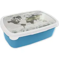 MuchoWow Broodtrommel Blauw - Lunchbox - Brooddoos - Wereldkaart - Bloemen - Geel - 18x12x6 cm - Kinderen - Jongen