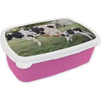 MuchoWow Broodtrommel Roze - Lunchbox - Brooddoos - Koe - Kalf - Boerderij - 18x12x6 cm - Kinderen - Meisje