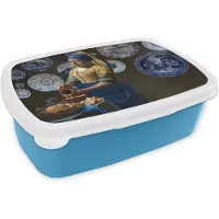 MuchoWow Broodtrommel Blauw - Lunchbox - Brooddoos - Meisje met de parel - Melkmeisje - Delfts Blauw - 18x12x6 cm - Kinderen - Jongen