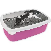 MuchoWow Broodtrommel Roze - Lunchbox - Brooddoos - Friese koeien grazen in het veld - zwart wit - 18x12x6 cm - Kinderen - Meisje