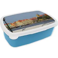 MuchoWow Broodtrommel Blauw - Lunchbox - Brooddoos - Kleurrijke huizen bij Willemstad - 18x12x6 cm - Kinderen - Jongen