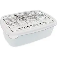 MuchoWow Broodtrommel Wit - Lunchbox - Brooddoos - Frankrijk - Kaart - Strasbourg - Plattegrond - Stadskaart - Zwart wit - 18x12x6 cm - Volwassenen