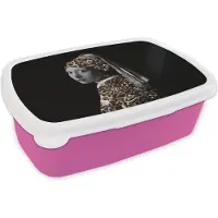 MuchoWow Broodtrommel Roze - Lunchbox - Brooddoos - Meisje met de parel - Panter - Design - 18x12x6 cm - Kinderen - Meisje