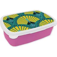 MuchoWow Broodtrommel Roze - Lunchbox - Brooddoos - Art Deco - Patroon - Blauw - Geel - 18x12x6 cm - Kinderen - Meisje