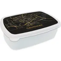 MuchoWow Broodtrommel Wit - Lunchbox - Brooddoos - Kaart - Groningen - Luxe - Goud - Zwart - 18x12x6 cm - Volwassenen