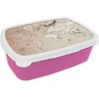 MuchoWow Broodtrommel Roze - Lunchbox - Brooddoos - Kaart - Wereld - Vintage - 18x12x6 cm - Kinderen - Meisje