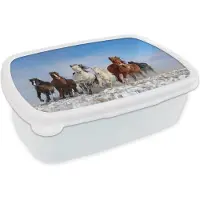 MuchoWow Broodtrommel Wit - Lunchbox - Brooddoos - Galopperende paarden in het landschap van Mongolië - 18x12x6 cm - Volwassenen