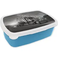 MuchoWow Broodtrommel Blauw - Lunchbox - Brooddoos - Vrachtwagen rijdt tijdens de zonsondergang - zwart wit - 18x12x6 cm - Kinderen - Jongen