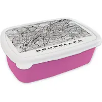 MuchoWow Broodtrommel Roze - Lunchbox - Brooddoos - Plattegrond – Brussel – Zwart Wit – Stadskaart - Kaart - 18x12x6 cm - Kinderen - Meisje